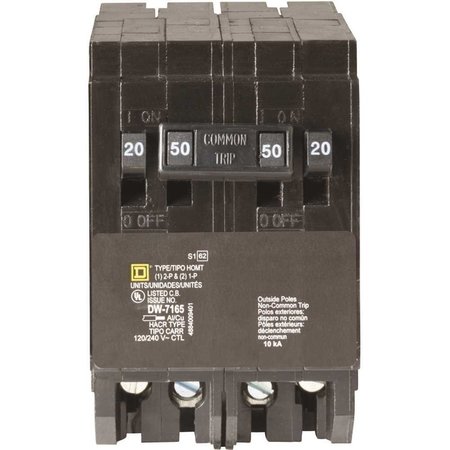 SQUARE D Miniature Circuit Breaker, HOMT Series 20/50A, 2x1, 1x2 Pole, 120/240V AC HOMT2020250CP